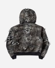 Men's Hard-Washed Damaged Denim Hooded Zip-Up Jacket Black