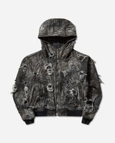 Men's Hard-Washed Damaged Denim Hooded Zip-Up Jacket Black